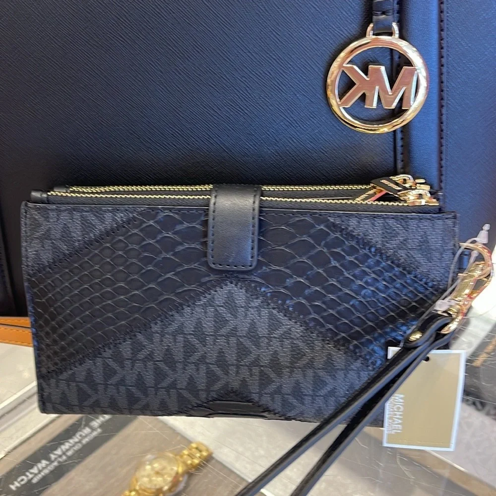 MICHAEL KORS JST LG DOUBLE ZIP WRISTLET WALLET PHONE HOLDER BLACK MULTI NWT